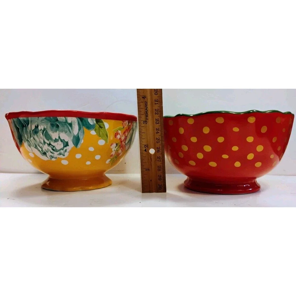 Pioneer Woman Blossom Jubilee Footed Soup Cereal Bowls Set of 2 Red Yellow AS IS